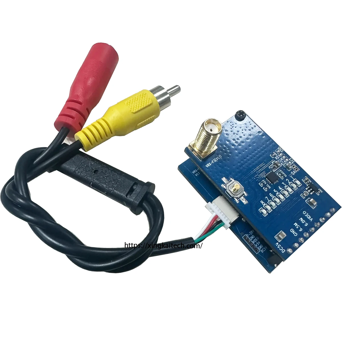Récepteur VRX pour drone FPV, affichant ses ports d'antenne et de sortie vidéo.
