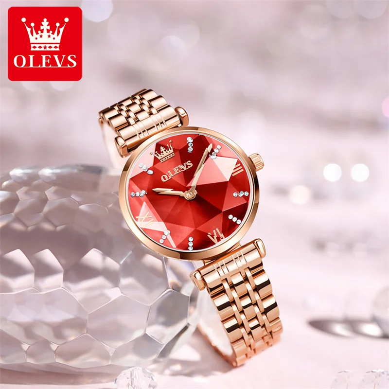 OLEVS Womens Watches Top Brand Luxury Rhombus Mirror Quartz Watch for Women Stainless Steel Waterproof Ladies Wristwatches