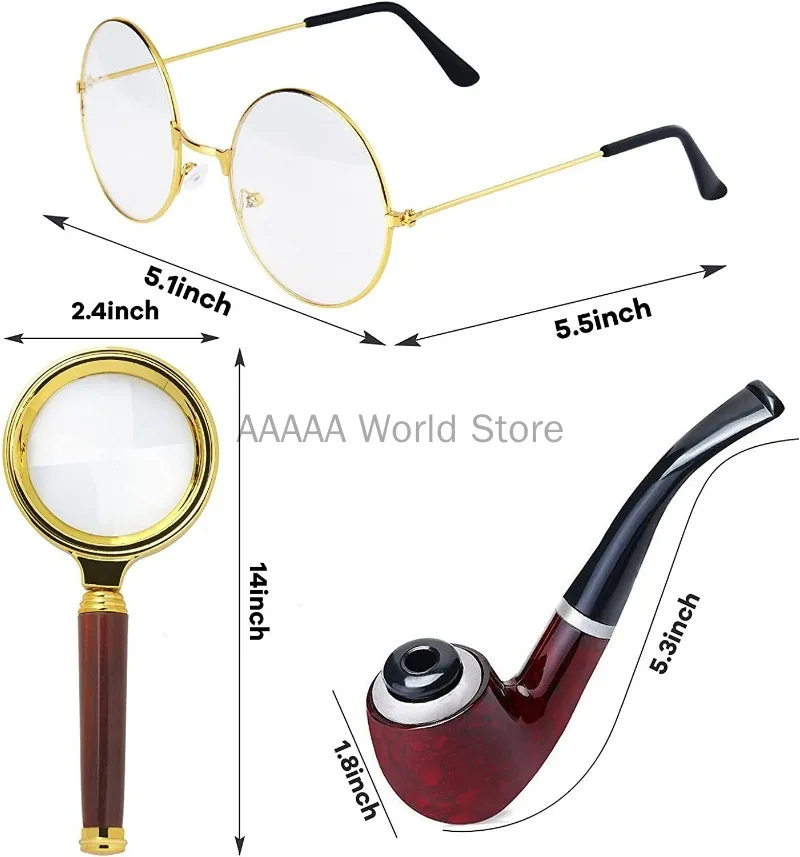 Adults Detective Costume Accessories Set Detective Hat Pipe Magnifying Glass Bow Tie Fake Mustache Lensless Glasses for Role