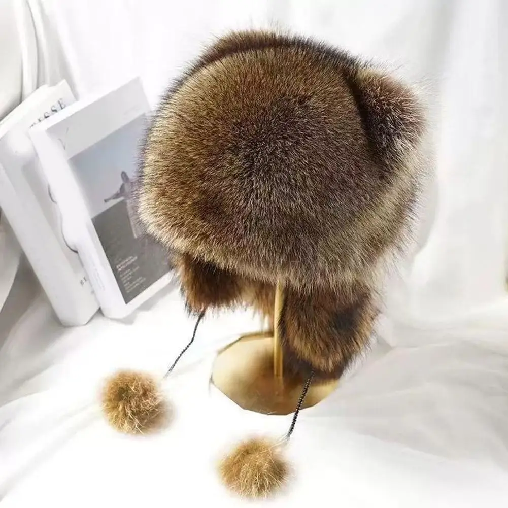 Trend Waschbär Pelzmütze Schwanz Frauen Natürliche Waschbär Pelzmützen Uschanka Hüte für Winter Dicke Warme Ohren Mode Bomber Pom Pom Hut – Detail 6