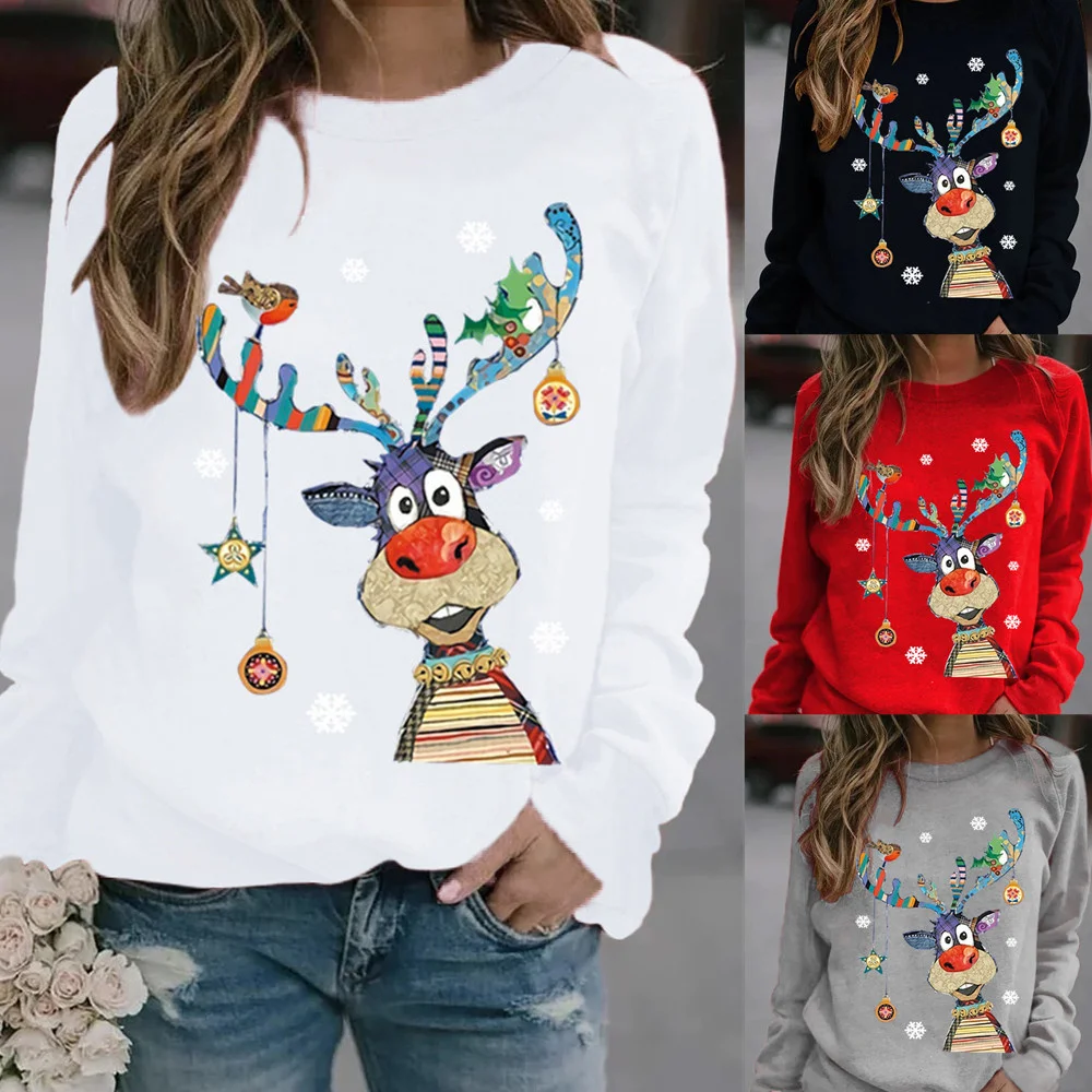 

Fall New Simple Fashion Christmas Long Sleeve Women'S Colorful Christmas Reindeer Print Sports Sweater Loose Pullover