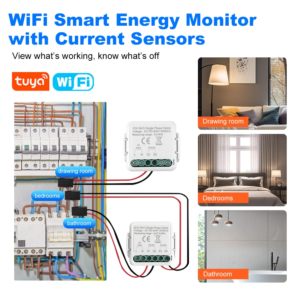 Smart Life Tuya WiFi Energy Monitor With 1/2 Current Transformer Clamp Real-Time Tracking Electric Usage Bidirectional Metering