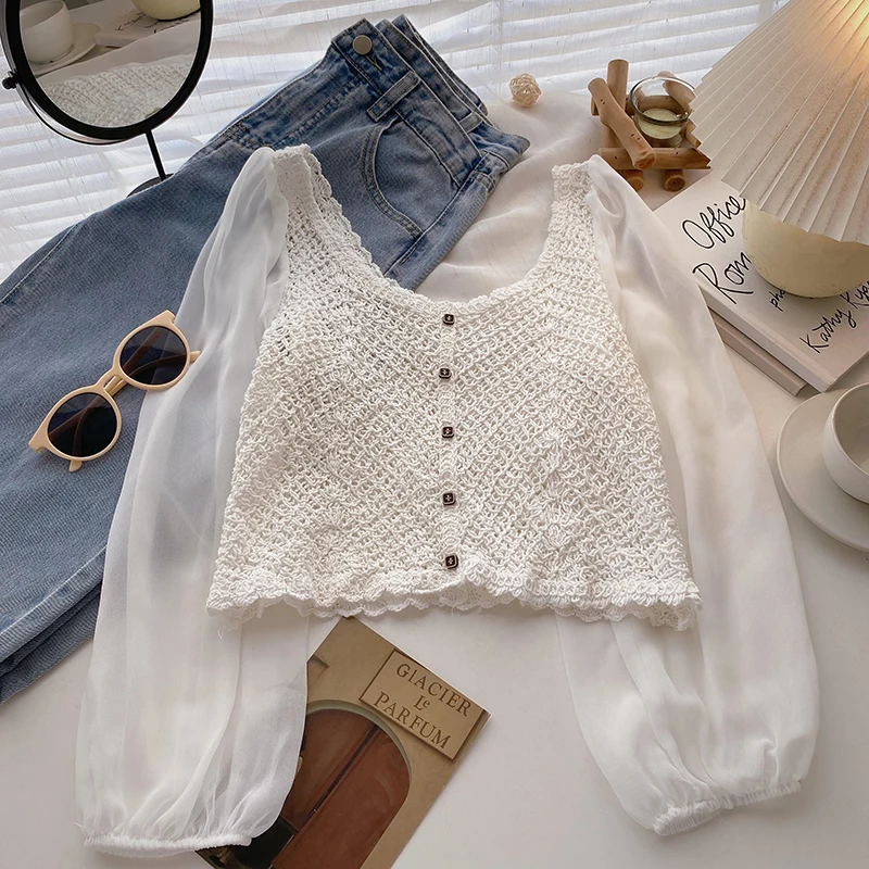 OUMEA Cotton Crochet Openwork Blouse Fake Buttons Front Spring