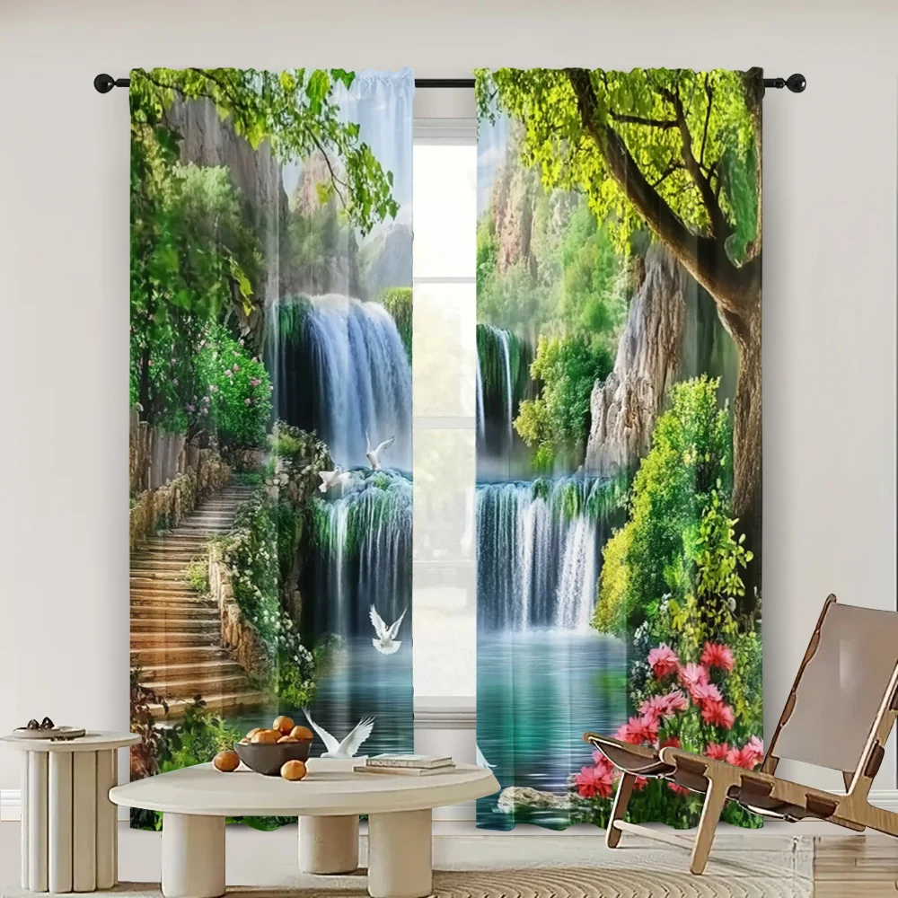 2pc, Window Curtains Beautiful forest waterfall scenery Durable 100% Polyester Fabric,Without Electricity Spring Party & Holiday 2