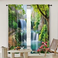 2pc, Window Curtains Beautiful forest waterfall scenery Durable 100% Polyester Fabric,Without Electricity Spring Party & Holiday 2
