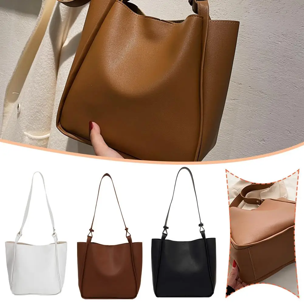 

Lady's Handbag Pu Leather Women Fashion Shoulder Sling Simple Color Strap Bag Bag Solid Bucket Wide Crossbody Underarm Bag S0d6