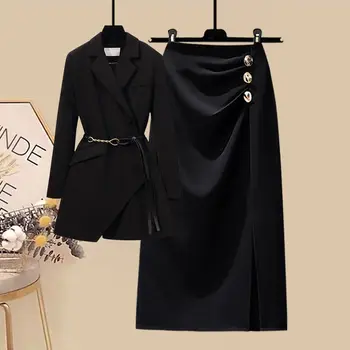 Women's Autumn New Fashion Long Sleeve Casual Blazer Coat Midi Skirt Two Piece Korean Chic Elegant Black Professional Suit Set