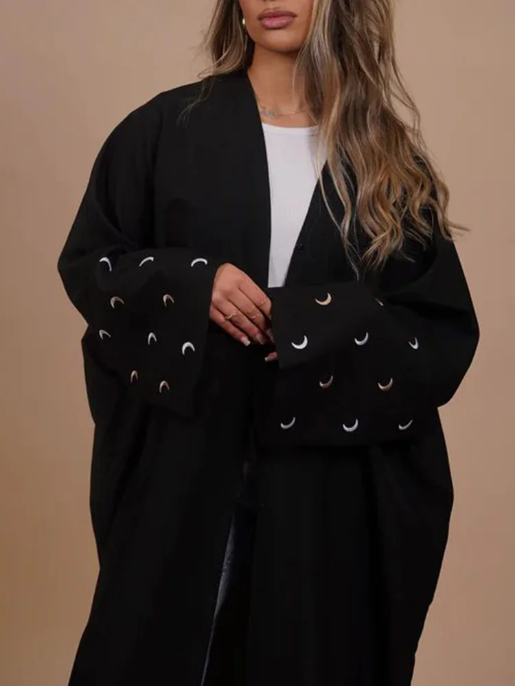 Moon Embroidery Abaya with Loose Bat Sleeves Ramadan for Women 2024 Linen Kimono Open Robe Heart Design Islamic Women‘s Clothing