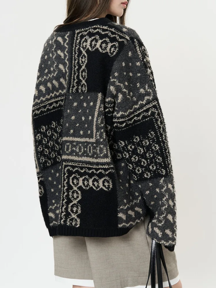 [LANMREM] Print Design Contrast Color Knit Sweater For Women Round Neck Long Sleeve Cardigan Coats 2025 Spring New 26C1702 4