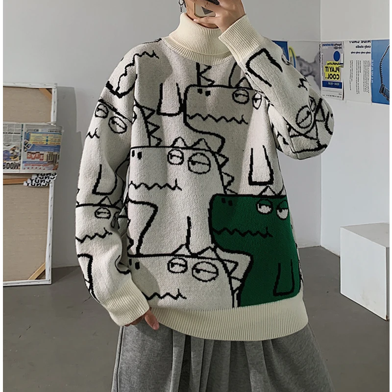 

Casual Sweater Loose Fashion Autumn/winter Warm High Neck Tops Unisex Cartoon Printed Jumpers Couple Unisex Pullovers Knitwear