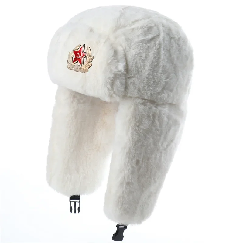 Winter Men Women Soviet Army Military Badge Russia Bomber Hats Pilot Trapper Trooper Hat Faux Fur Earflap Ski Snow Caps Ushanka