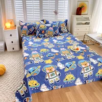 Cartoon Bear Flat Sheet with 2 Pillowcase Twin/King Cotton Space Explorer Theme Rocket Star Print Bed Sheet Set(No Fitted Sheet) 3