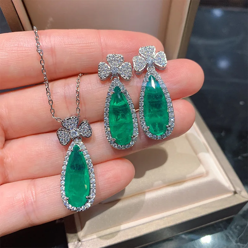 

Paraiba High Carbon Diamond Earrings Butterfly Pendant Necklace Set Pear Water Droplet Crystal Banquet Luxury for Women Jewelry