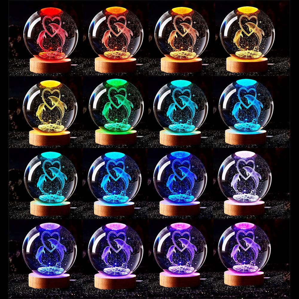 1pc 3D Dolphin Crystal Ball Lamp Marine Animals Crystal Ball Night Light 16 Colors Light Desk Lamp Birthday Gift Souvenir