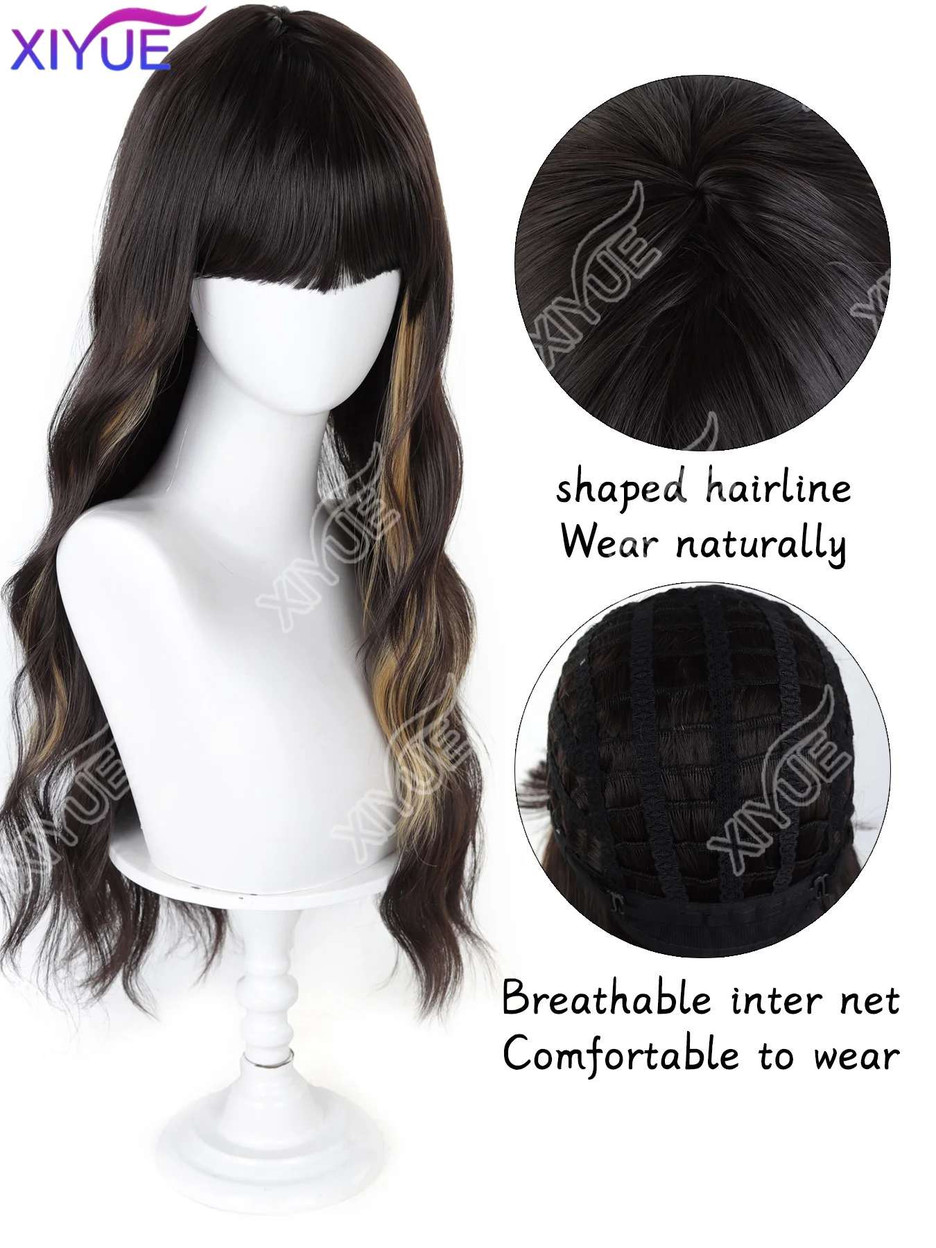 XIYUE Synthetic Dark Brown Wigs with Bangs,Brown Highlight Long Wavy Wig for Women Long Curly Hair Wig for Party Daily Use