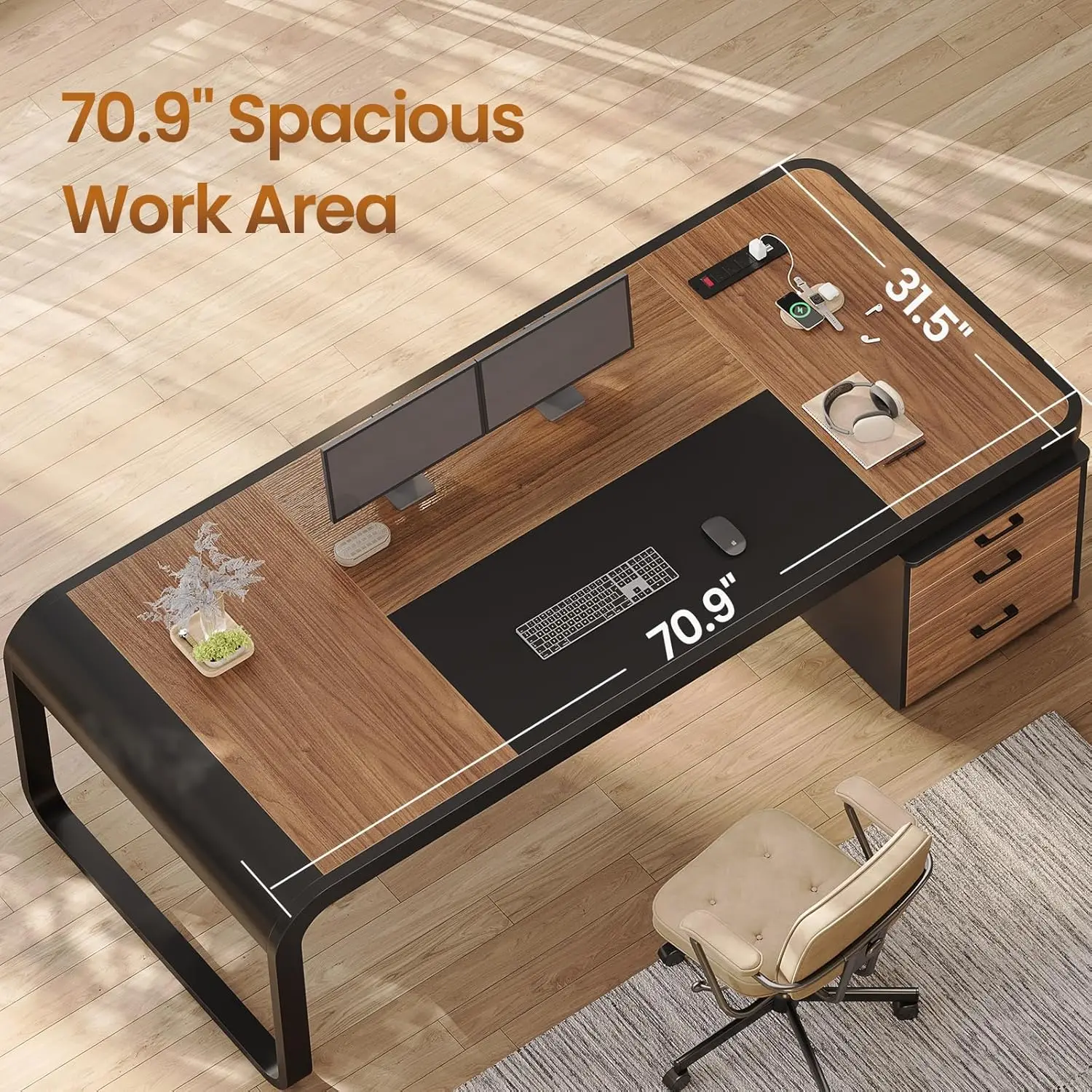70.9" Executive Desk, Large Computer Desk with Drawers and Lateral File Cabinet, Office Desk with Removable Shelves