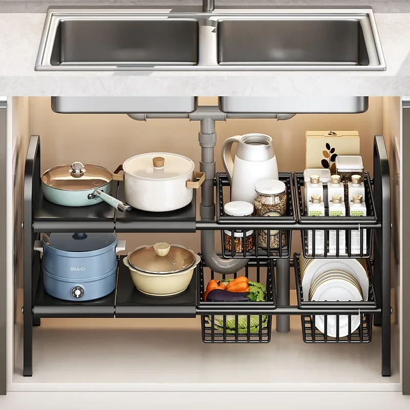 

Kitchen Under Sink Adjustable Pot Rack Multifunctional Dish Pans Snacks Cookware Storage Rack Countertop Cabinet Storage Basket