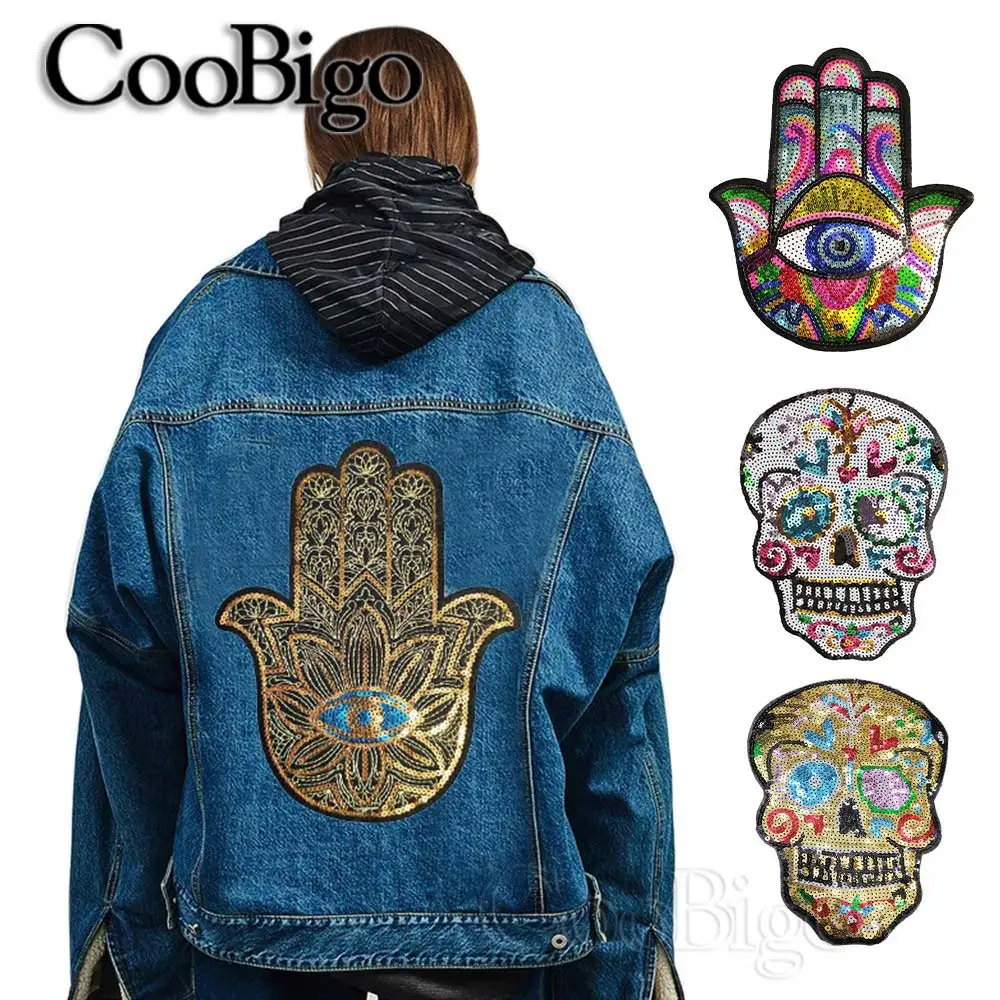 Stück Eisen auf Pailletten bestickt Schädel Hamsa Hand Patches