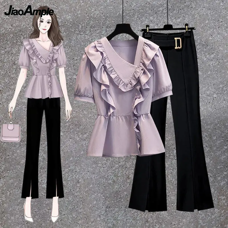 2024 Summer New Ruffled Purple Short Sleeve Shirt Pants Two Piece Women's Fashion V-Neck Top Trousers Set Korean Elegant Suit