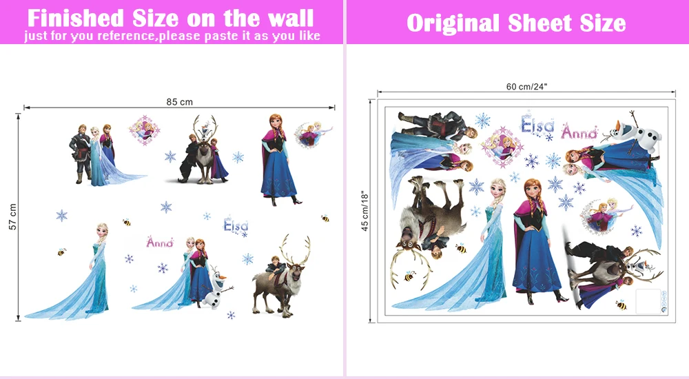 Kaks komplekti Erinevad 'Frozen' seinakleepsud, mis sisaldavad erinevaid Disney tegelasi nagu Elsa ja Anna, on paigutatud valgel taustal. Kleebistega on jäälilled ja tähed kirjaga 'Elsa' ja 'Anna', komplekti mõõdud on näha erinevatel vaatepiltidel.