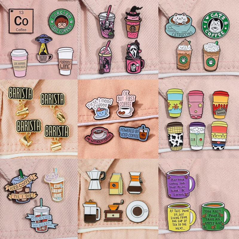 2-8pcs Classic Coffee Brooch Set Barista Bean Cat Books Coffee Mug Grinder Coffee Pot Power Iced Coffee Badge Punk Pins Jewelry