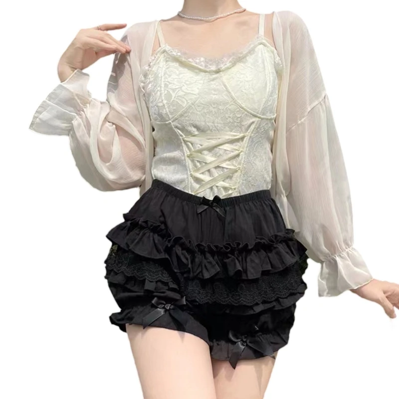 

Women Layered Ruffle Lace Bloomers Pumpkin Shorts Japanese JK Girl Bowknot Cake Safety Short Pant Frilly Knickers