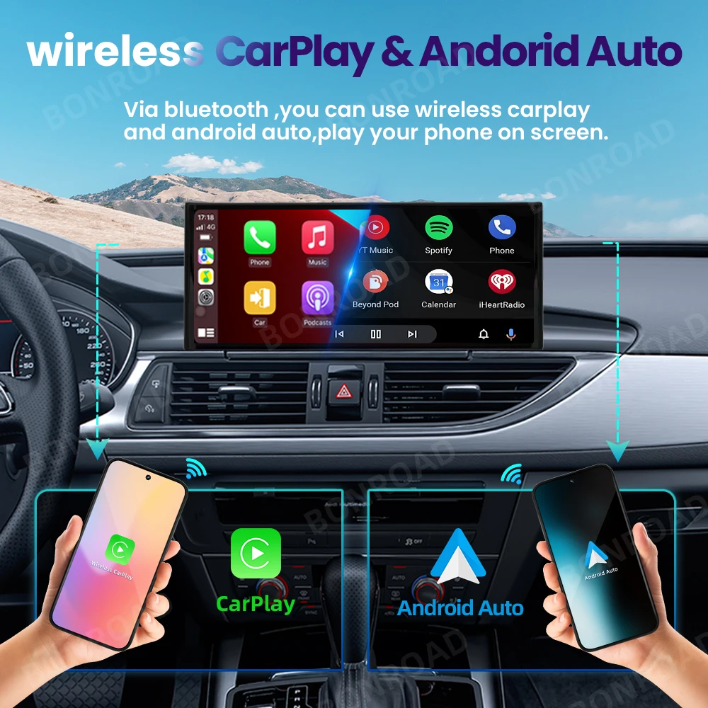 BONROAD Reproductor de radio para coche de 12,3 pulgadas, 1920*720P, pantalla táctil multimedia, CarPlay inalámbrico, Android Auto para Audi A6 C7 A7 2012-2018 con Airplay Auto Link, Bluetooth 5,0, navegación GPS 4