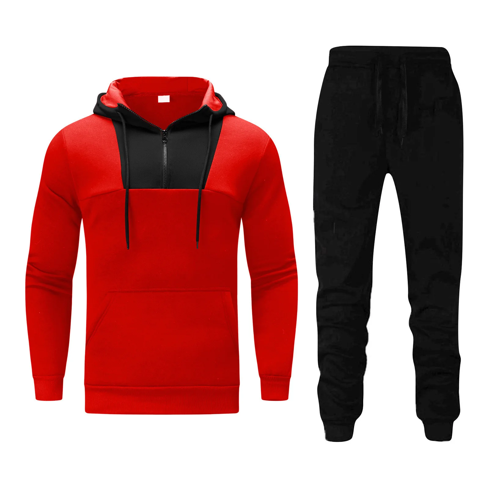 2023 Autumn/Winter New Men's Neckline Zipper Color Block Pullover Hooded Sports Men's Sports Set Sweater