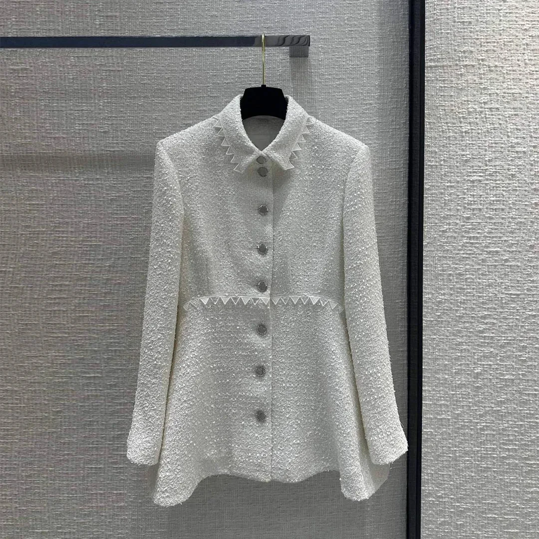 

2024 New Fashion Luxury Sequins White Skirt Long Tweed Jacket Women Patchwork Lace Lapel Long Sleeve Single Breasted Sweet Coat