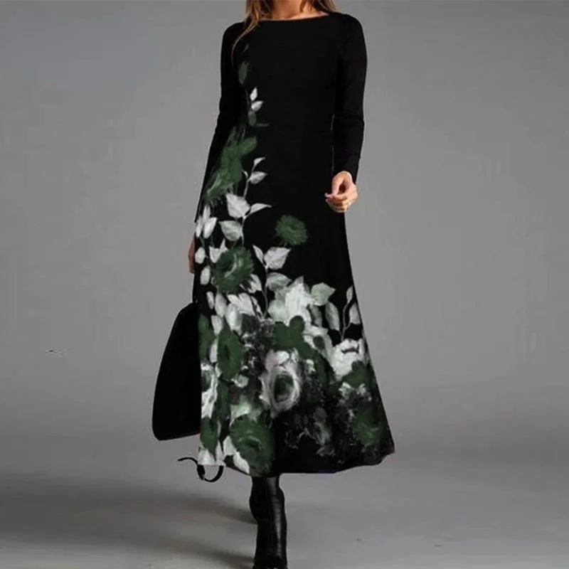 

Women Elegant Dress 2023 Fall Fashion O Neck Long Sleeve Floral Printed Ladies Maxi Dress Vintage Casual Loose Party Dress