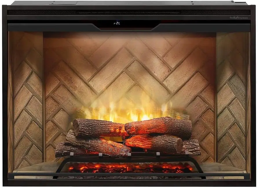 42 Inch Built-in Electric Firebox Herringbone Brick Background Includes Realistic Faux Logset Front Glass Panel Firebox
