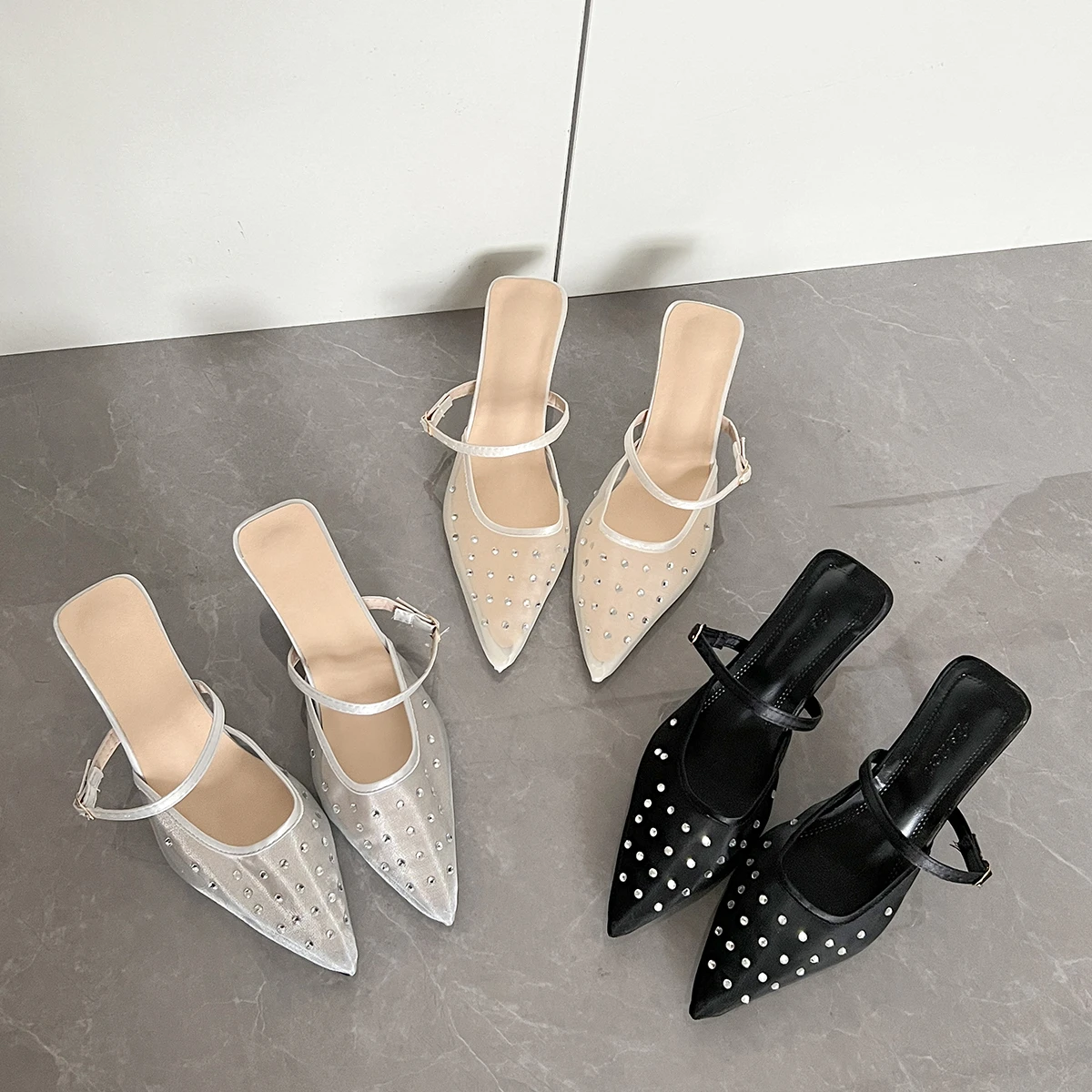 Aphixta Med Heels Elegant Women Slides Crystal Mesh Shallow Summer Dress Slides Silver Sexy Thin Heels Shoes Size 42