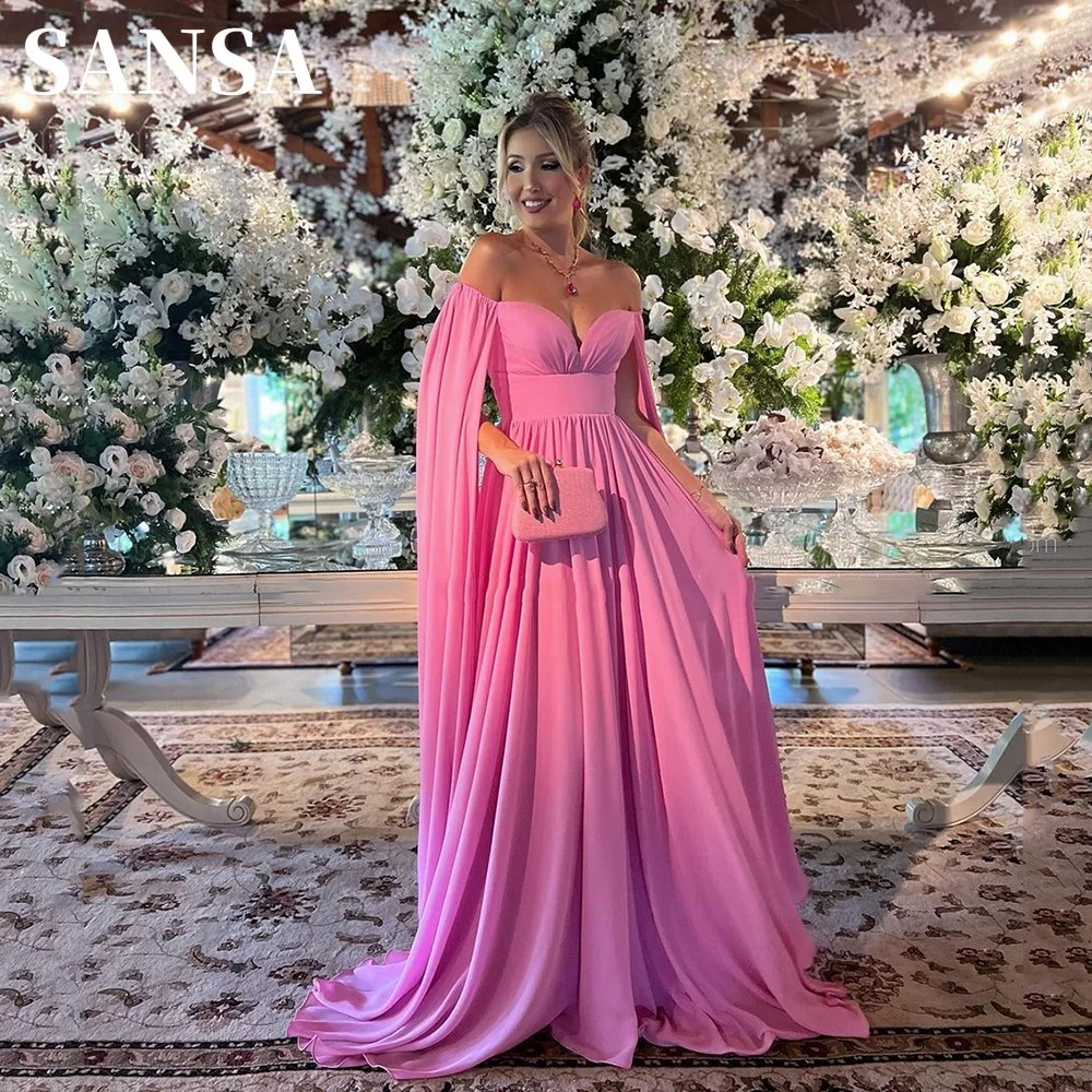 

Sansa Sexy Off Shoulder Silk Chiffon فساتين السهرة Glaring Sakura Pink Vestidos De Noche Comfy Hangs Cape Sleeve Prom Dress