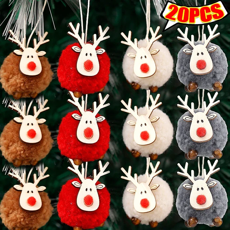 Christmas Decorations 20/1Pcs Christmas Felt Wooden Elk Hanging Ornaments Cute Reindeer Xmas Tree Decor Pendants New Year Party Kids Gifts Decoration