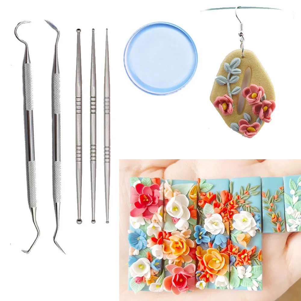 Polymer Clay Tools for DIY Clay Earring Mini Flower Texture Carving Modeling Hook Dotting Pen Pottery Ceramic Sculpture Hobby