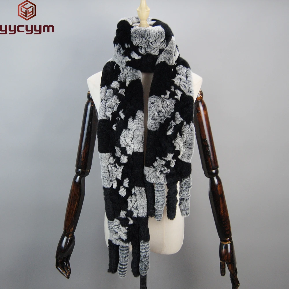 Long Style Women Winter Real Rex Rabbit Fur Scarf Natural Rex Rabbit Fur Scarves Lady Knitted Ring Scarves
