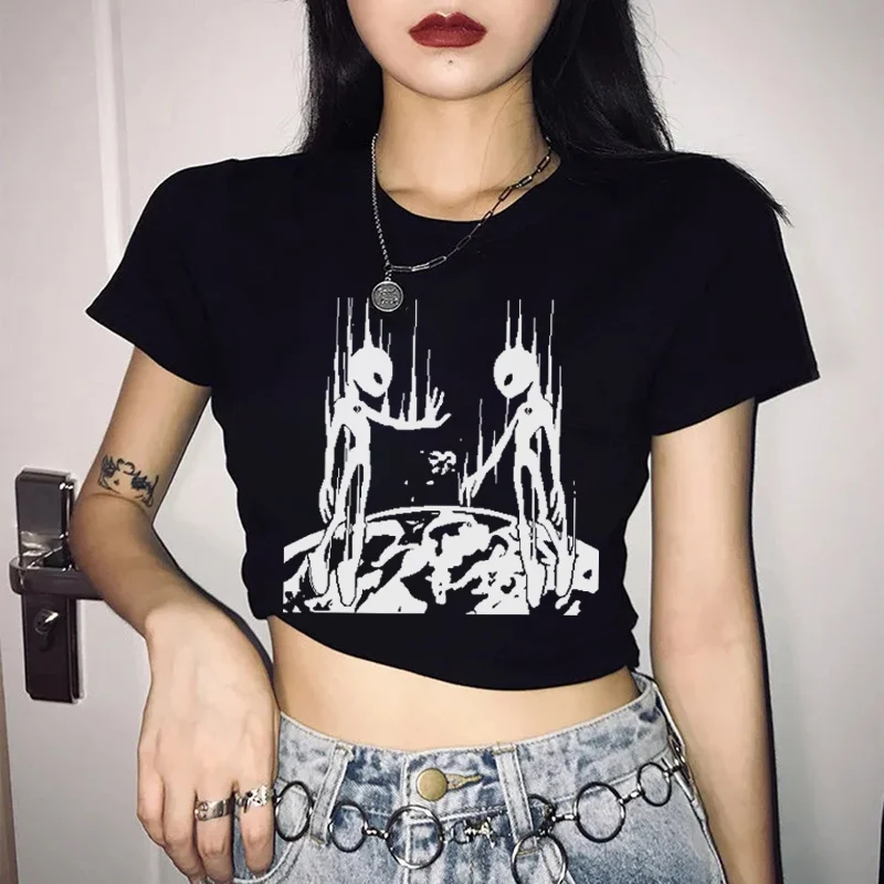 Hip Hop Y2k Cartoon Harajuku Tees Summer Fashion Women Clothes Tops Alien Pattern Print Retro Gothic Streetwear T-Shirt Crop top