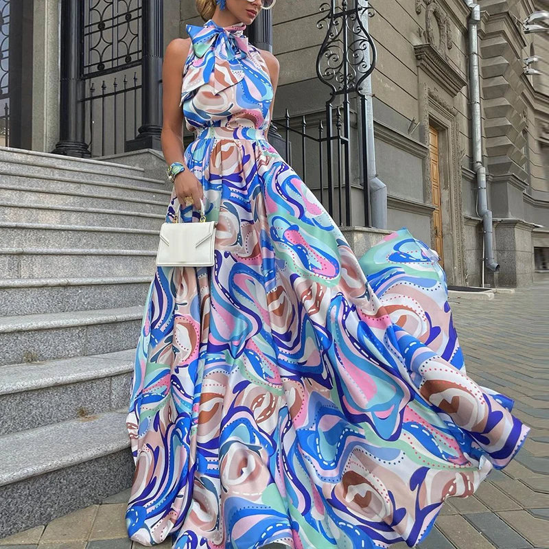 

Women Maxi Dress Fashion Bow Collar High Waist Swing Long Party Dress 2023 Spring Pattern Print Loose Ladies Boho Dress Vestidos