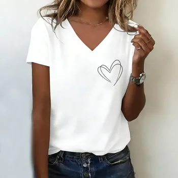 2026 T-shirt V Neck Casual Fashion Love Heart Printed T Shirts Women Short Sleeve Tee Shirt V-Neck Summer Spring