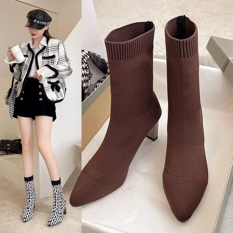 Women Boots New Winter Women's Shoes Knitted Mid-calf Socks Boots Pointed Toe Stiletto Elastic Designer Women's Boots 35-40