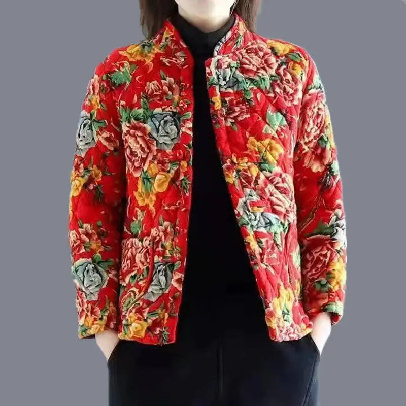 

Женская Стеганая куртка с хлопковой подкладкой, свободная утепленная куртка в стиле ретро с большими цветами и пионами, корейская мода для отдыха, зима 2023