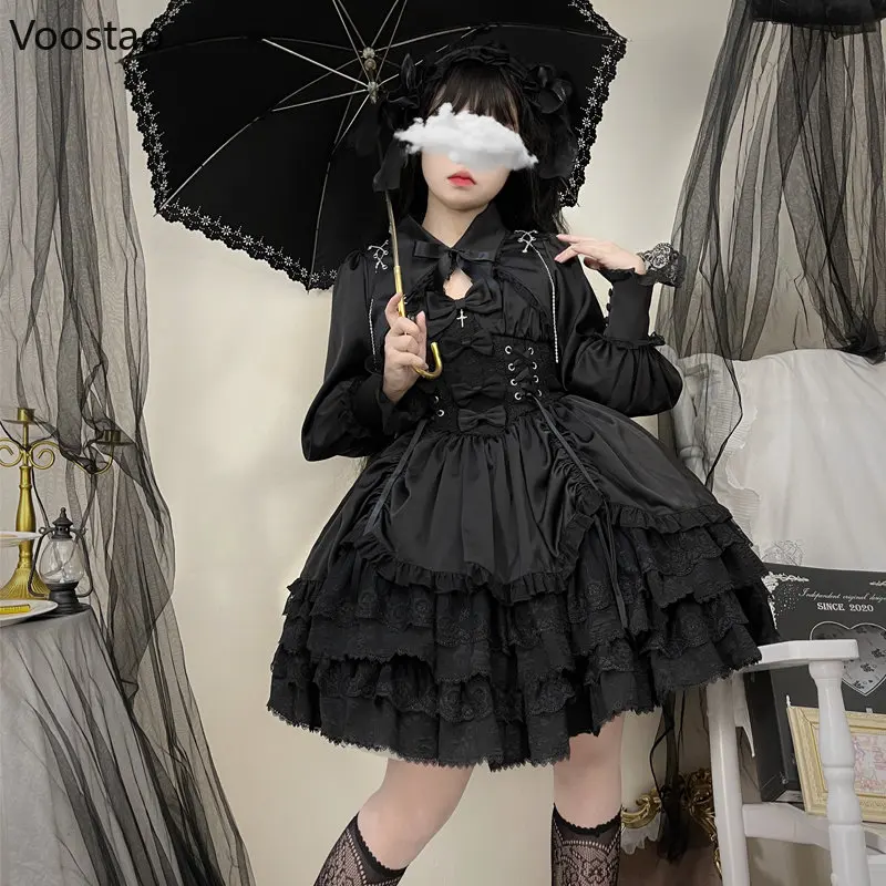 Vintage Gothic Lolita Dress Women Victorian Punk Slim Bandage Princess Party Dresses Girls Cute Metal Cross Bow Evening Dress Lolita Suspender Dress Lolita Dress Lolita Cosplay Costumes
