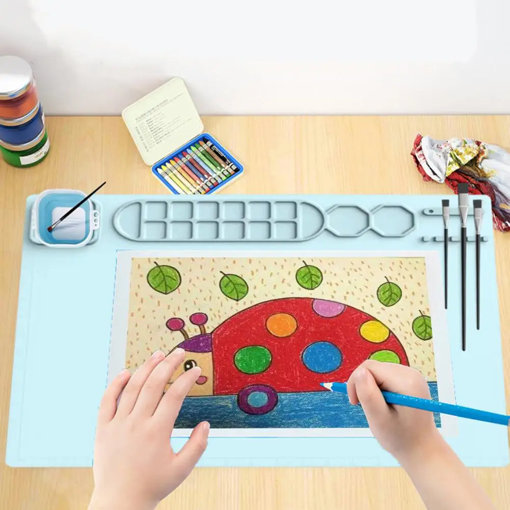 Drawing Mat Silicone Painting Mat With Cup Non-Stick Art With Brush Cleaner Pen Holder DIY Clay Art Palette