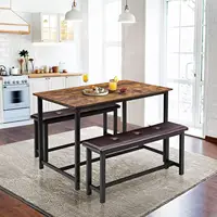 4-Person Kitchen Table Set with 2 Upholstered Benches Easy-Clean MDF Top & Steel Frame Compact Dining Room Set for Home Decor 2