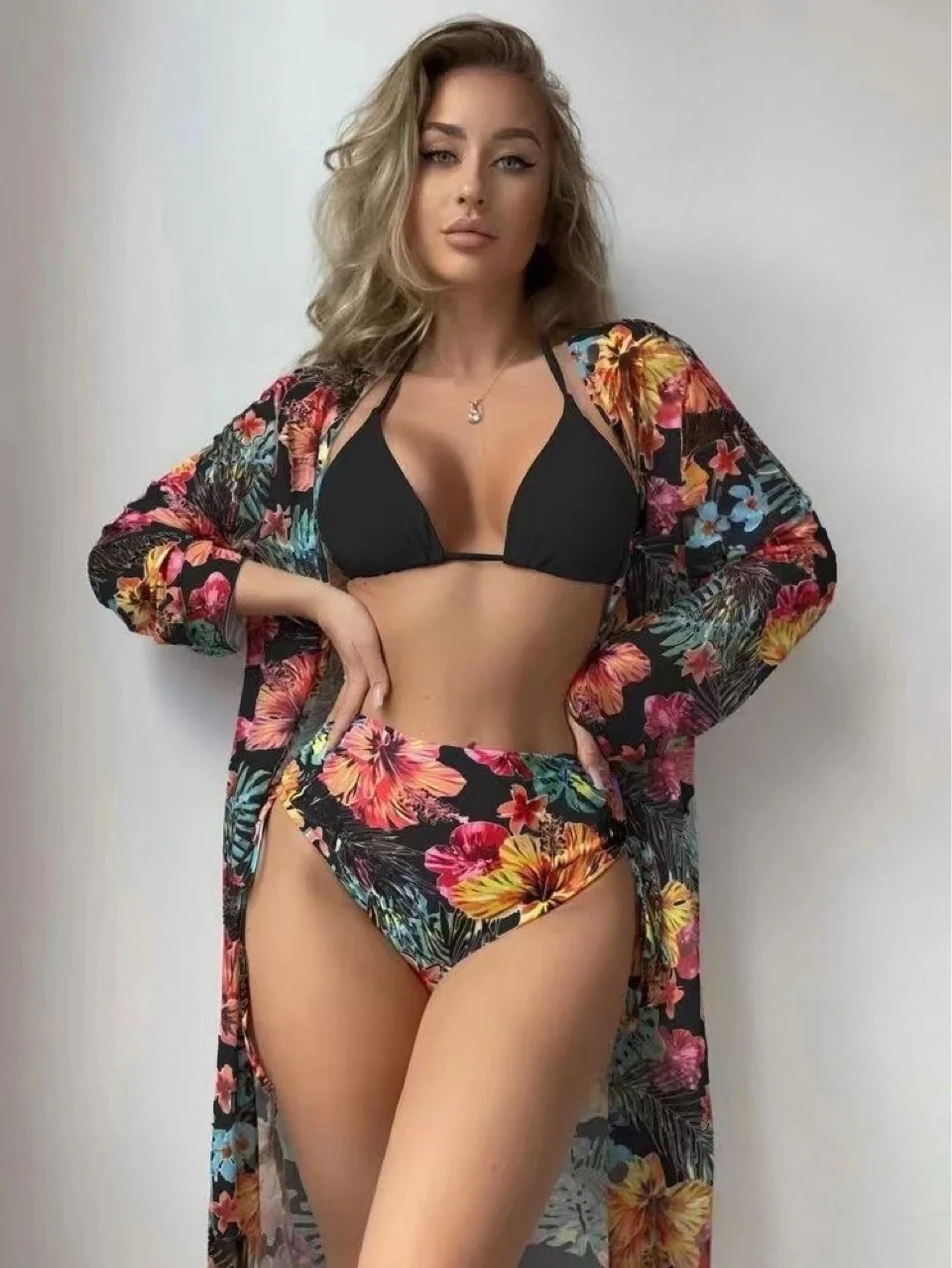 2023 New Bikini Three Piece Swimwear Digital Print Long Sleeve Cover Sun Shield