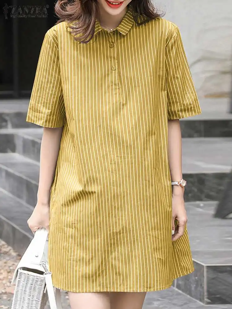 

ZANZEA Summer Fashion Striped Shirt Dress Women Lapel Neck Short Sleeve Work Vestido Casual Loose Knee-length Sundress Robe 2023