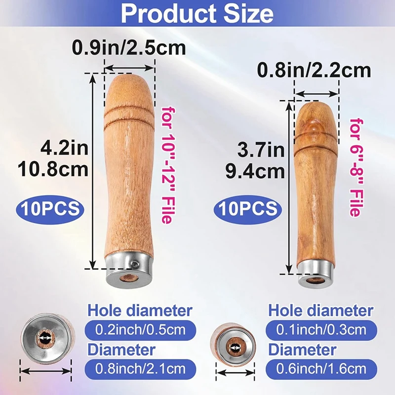20Pcs Wooden File Handle With Strong Metal Collars,10Pcs For 6 Inch-8 Inch File + 10Pcs For 10 Inch-12 Inch File(2 Size)-N29R