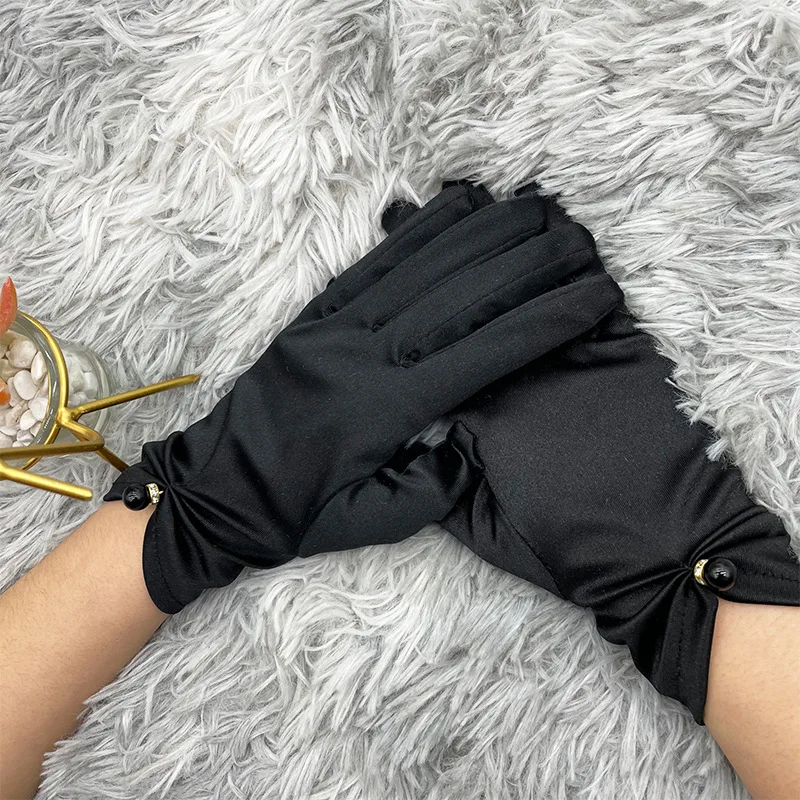 Women Wedding Dress Lace Gloves Satin Short Gloves Sunscreen Summer Anti-UV Elastic Thin Mittens Driving Full Finger Red White Black