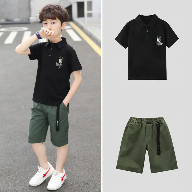 

2pcs tracksuit 2023 Summer Child Clothes Baby teen Boys loose polo Deer T-Shirt & cargo Shorts pocket pants