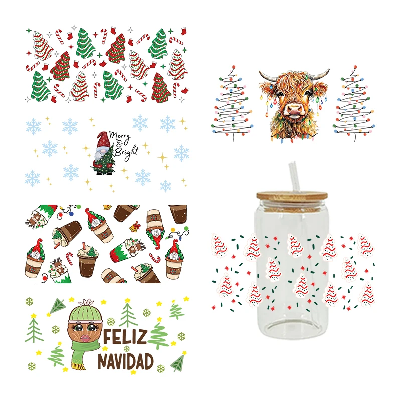 3D UV DTF Transfer Sticker 16oz Cup Wraps Merry Christmas Printed for DIY Glass Ceramic Metal Leather Etc D8040